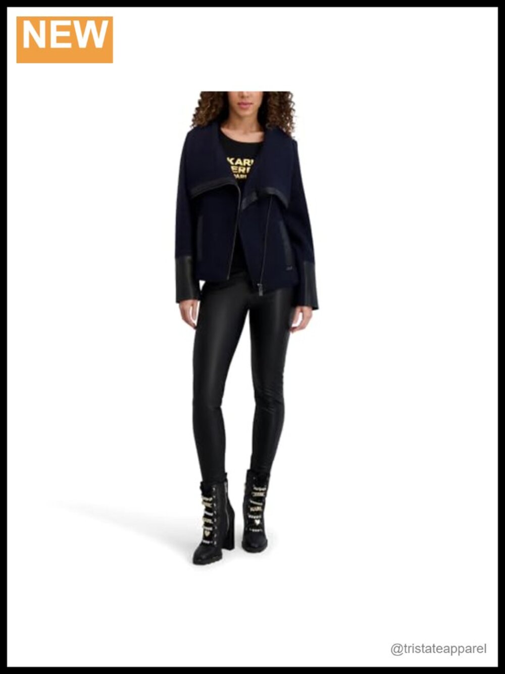 Boiled Wool Asymmetrical Zip Coat with Faux Leather Trim